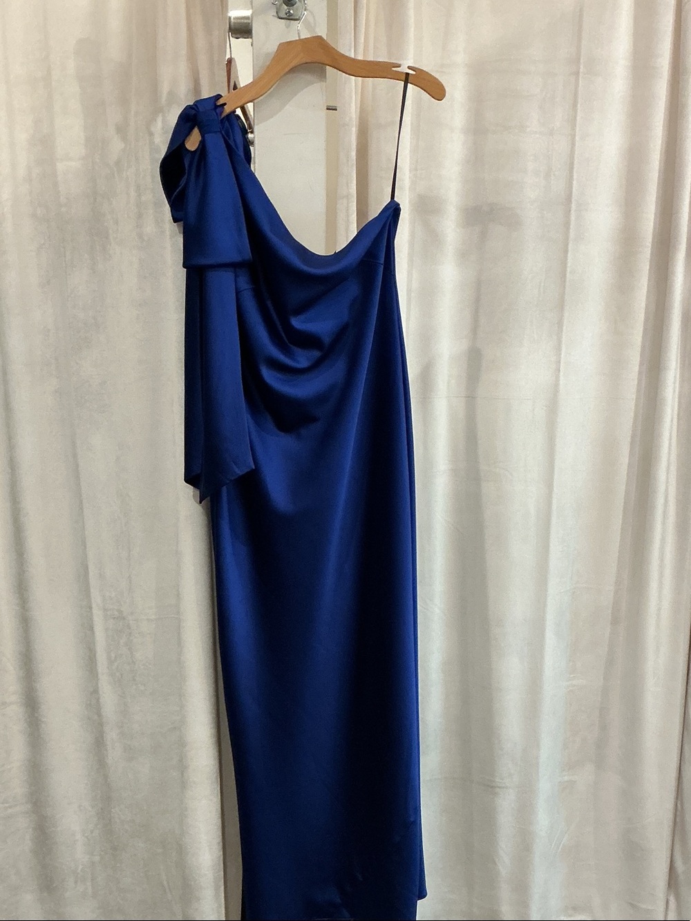 Dessy Collection Royal Blue One-Shoulder Satin Gown